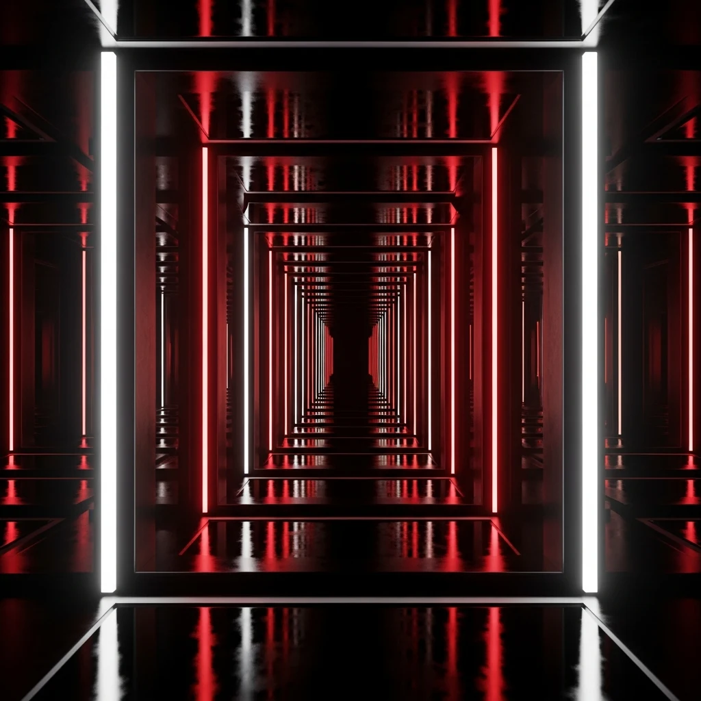 An architectural corridor lit in red and white